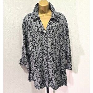 Gray 100% Linen Button Top Womens 18 Collared Floral Office Career Boho Casual